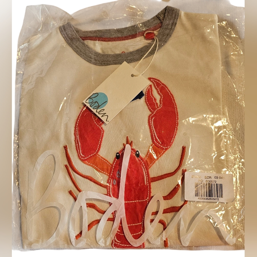 Mini Boden Lobster Applique Tee Shirt Cream/Grey Unisex Little Kid's Size 3-4Y